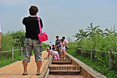 황토볼로 만들어진 하늘공원 맨발 산책로에는 나들이 나온 가족들이 즐거운 한때를 보내고 있다. 