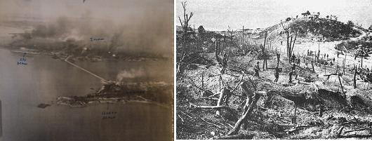 불타는 월미도[왼쪽 사진, 1950. 9. 15.(Wolmido Island, 15 September 1950)]. 상륙 직후의 월미도[오른쪽 사진, 1950. 9. 15.(Afternoon, 9/15/50, Marines mop up Wolmi)] <출처ㆍ진실화해위원회>