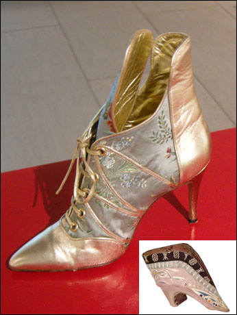 크리스찬 라크루아(Christian Lacroix) 명품신발. 이 신발은 우아하고 예쁘지만 많이 불편해 보인다. 19세기 중국전족(아래). 전족은 정말 끔찍해 보인다.