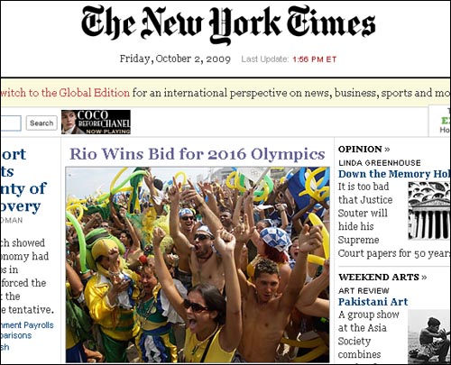  브라질 리우데자네이루의 2016 하계올림픽 유치를 보도하는 <뉴욕타임스>