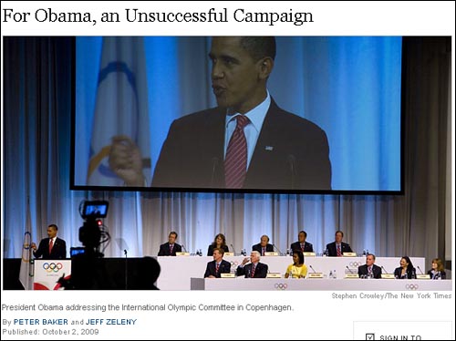  시카고의 2016 하계올림픽 유치를 위한 버락 오바마 미국 대통령의 도움이 실패했음을 보도하는 <뉴욕타임스>