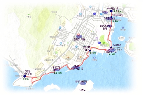 여수 신월동에서 남산동까지 걸어가는 길. 5.2km 정도이며, 여유롭게 걸으면 1시간 반정도 걸린다.