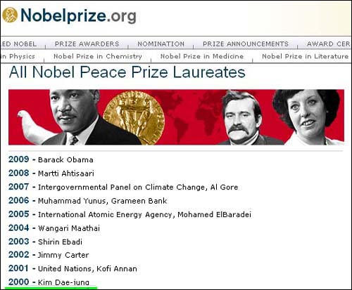 역대 노벨평화상 수상자의 이름이 적힌 노벨상 위원회 홈페이지. 2000년 수상자 김대중 대통령의 이름도 보인다.