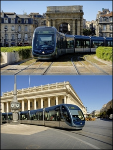 프랑스 보르도의 무가선 트램. 가선 설치가 어려운 일부 지역은 무가선 기술이 적용되어 있다.