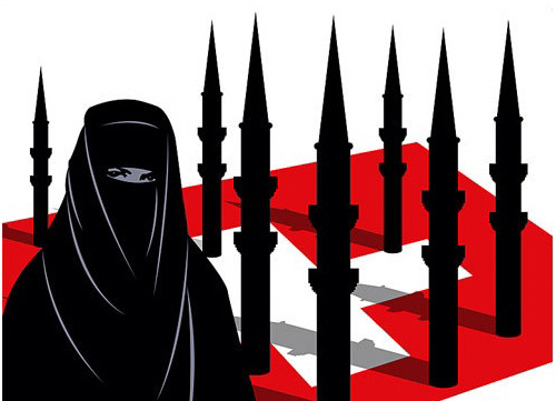 스위스 우파정당들이 배포하고 있는 모스크 첨탑(미나레트)설치 반대 포스터. 차도르를 한 여성과 미사일 모양의 첨탑이 반이슬람과 인종주의를 부추긴다는 비난을 받고 있다.
