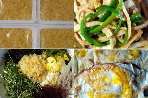 날치알. 어묵, 계란 후라이, 새싹, 해초 등 비빔밥 재료.