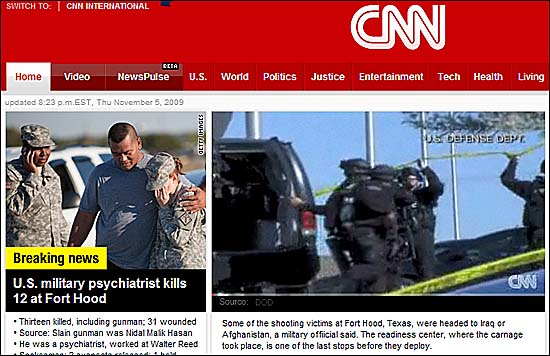 텍사스 포트후드 기지 총기난사 사고를 속보로 전하고 있는 CNN. 