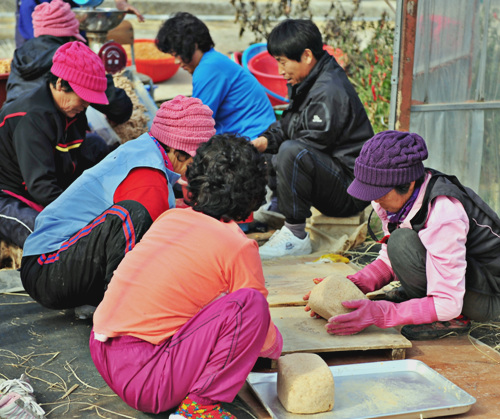 마을 주민들이 모여 공동으로 메주를 만들고 있다.