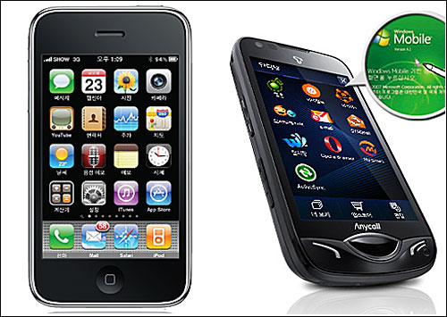 애플 아이폰(왼쪽)과 삼성전자 T옴니아2