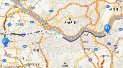 출발지 표시가 된 곳이 택시기사가 착각한 '성내 중앙병원'(현 아산병원), 도착지는 부천시 송내역. 두 곳 거리는 40km가 넘는다.(네이버 지도 캡처)