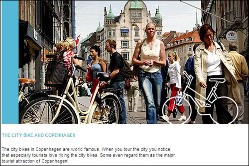 코펜하겐은 시민들과 관광객들이 시내 도심에서 2000대의 공용 자전거를 무료로 이용할 수 있는 '시티 바이크' 프로그램을 운영하고 있다(사진은 '시티 바이크' 안내 사이트).