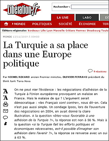 2009년 11월 13일자 리베라시옹에 실린 터키의 유럽연합 가입에 관한 테라 노바 기사.