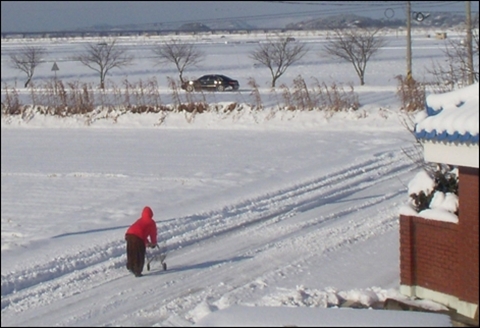 2009년 12월31일 아침, 우리 마을 풍경. 눈길을 걸어가는 할머니 목적지가 어디인지 무척 궁금했다.
