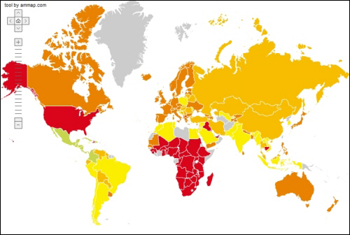 영국의 신경제재단(NEF)이 발표한 전세계 행복도 지도. 붉은 색일 수록 행복도가 낮으며 연두색에 가까울 수록 높다. 지도를 통해 중남미 지역과 동남아시아의 행복도가 높은 것을 알 수 있다.