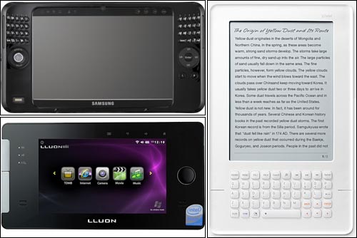  '휴대용 PC'로 관심을 모았던 디지털 기기들. 휴대성을 강화해 넷북을 대체할 것으로 기대를 모았으나 시장에서 큰 반향을 일으키지 못했다. 삼성 UMPC 'Q1 울트라'(왼쪽 위)와 삼보 MID '루온 모빗'(왼쪽 아래). 아이리버 전자북 '스토리'(오른쪽). 