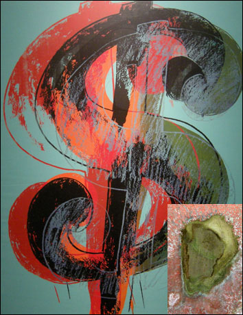 '달러 사인(Dollar Sign)' 캔버스에 아크릴과 실크스크린 229×178㎝ 1981. '산화(Oxidation Painting)' 아크릴과 소변 36×25㎝ 1978  