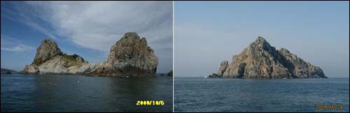 마을 주민들이 수덕이라고 부르는 무인도. 두 마리의 사자가 바다를 향하고 있는 모양의 특이한 암석지대 섬이다. 이 섬은 사유지다.(왼쪽)/화도라고 불리는 무인도. 분재처럼 작지만 아담한 섬 일대는 천혜의 해양문화 가치가 높다는 게 조사팀의 설명이다(오른쪽).