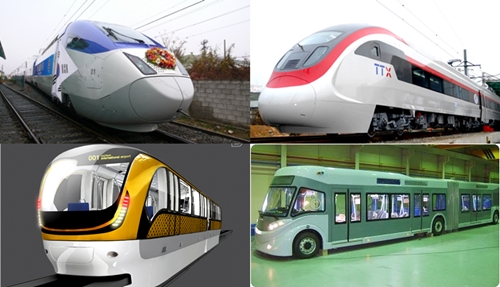 국산개발 첨단 철도차량들, 좌측 위부터 시계방향으로 KTX-2, 틸팅열차, 바이모달트램, 도시형 자기부상열차