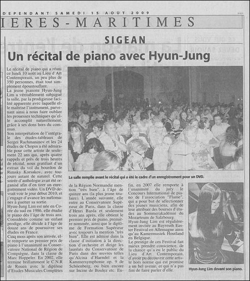 피아니스트 임현정의 독주회 리뷰를 다룬 2009년 8월 15일 프랑스 신문  "Independant"