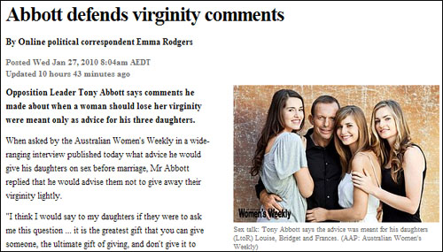 결혼 전 순결을 주장한 토니 애보트 호주 자유당 당수에 관해 보도한 abc-TV 웹사이트.
