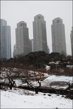 한국에서 가장 비싸다는 타워팰리스 아래로 주소조차 없는 집들이 모여 있는 달터마을에 눈이 쌓였다. 