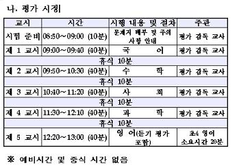  3월 9일 보는 초등학교 교과학습진단평가 시간표입니다. 3학년은 2교시로 끝나는데 4, 5학년은 점심도 먹지 않고 5교시 시험을 봐야 합니다. 시험이 먼저인지 아이들이 먼저인지 궁금합니다