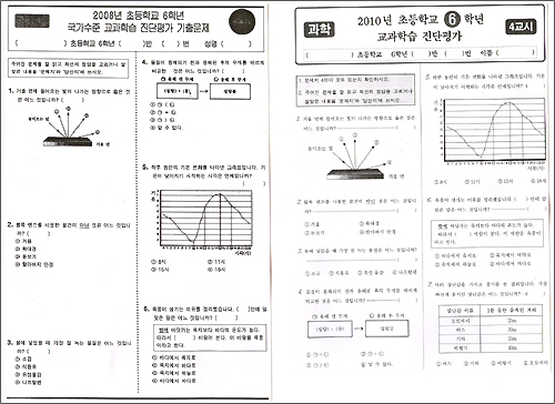 대전시교육청이 9일 실시하려다가 중단한 초등학교 6학년 일제고사 4교시 과학시험문제(오른쪽). 왼쪽은 2008년 서울시교육청의 문제.