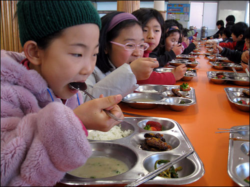 한나라당의 '안방' 경남 합천군은 초중고 100% 친환경 무상급식을 실현하고 있다. 합천군 합천초교 점식식사 모습. 