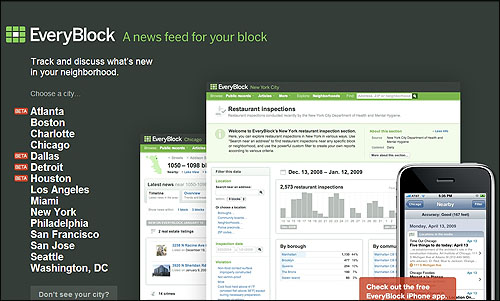  도시나 구처럼 광범위한 지역 대신 동네, 마을, 거리 등 '내 생활영역'에 초점을 맞춘 사이트, EveryBlock. 화면 캡처. 