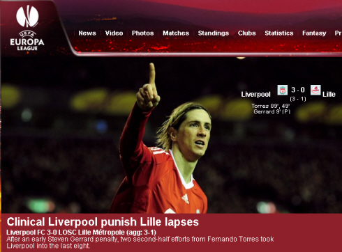  토레스의 사진을 내걸고 리버풀의 8강 진출 소식을 알린 유럽축구연맹 누리집(uefa.com)