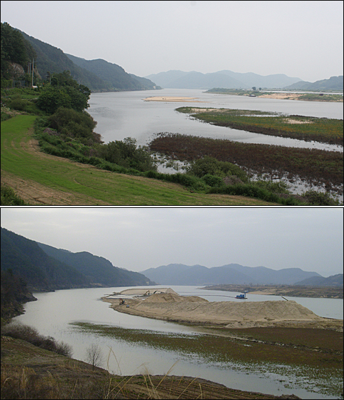 4대강정비사업이 시작되면서 낙동강은 이전 모습을 찾아볼 수 없게 되었다. 사진은 창녕 남지 창아지 개비리길에서 낙동강을 바라본 모습으로, 위 사진은 2009년 7월 2일 촬영한 것이고, 아래는 2010년 3월 14일 촬영한 모습이다.