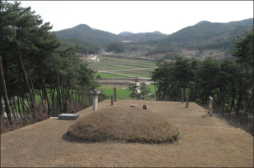  조선 중기 문인 박수량의 묘 전경. 앞으로 황룡 들녘이 펼쳐진다.