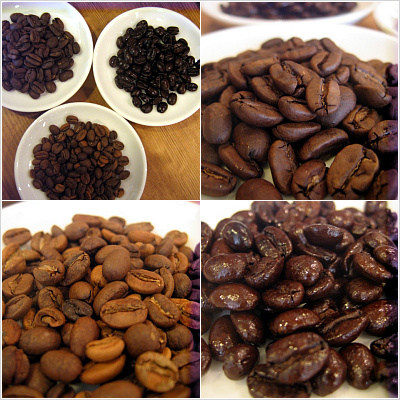 로스팅 정도에 따라 커피 색과 풍미가 결정된다. (오른쪽 위부터) 인도네시아 수마트라, 콜롬비아 수프리모, 에디오피아 시다모. 강배전 된 커피도 오래된 커피처럼 기름이 나온다.
