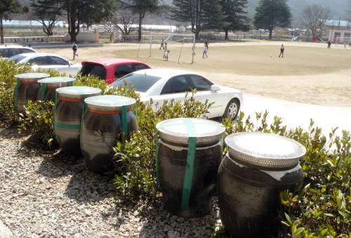 수곡초 급식실 앞에는 이 학교 학생, 학부모, 마을 주민들이 함께 담근 김치, 고추장, 된장, 간장 등이 담긴 독이 놓여있다. 