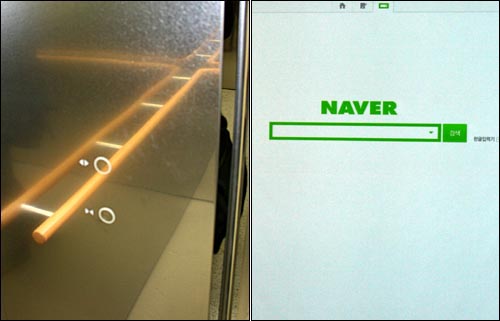 '목적지 예고 시스템'을 적용해 '층 버튼'을 없앤 NHN 신 사옥 승강기 내부(왼쪽)와 올 하반기 선보일 네이버 검색 홈