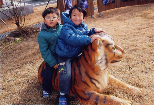  달마지마을을 찾은 도시아이들이 호랑이공원에 있는 호랑이를 타며 즐거워하고 있다.