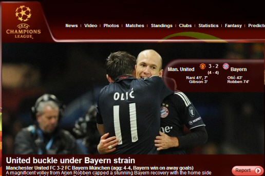  로벤(오른쪽)과 올리치의 포옹 장면을 내걸며 경기 결과를 알리고 있는 유럽축구연맹 누리집(uefa.com) 첫 화면