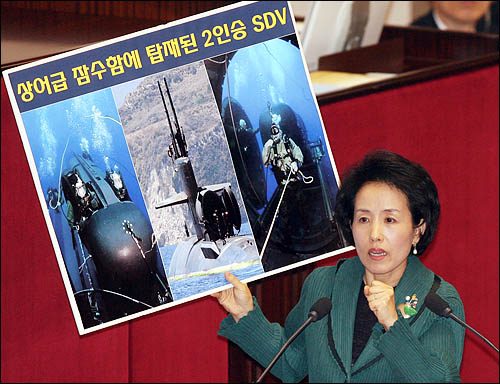 8일 국회 외교안보통일 분야 대정부질문에 나선 자유선진당 박선영 의원이 천안함 침몰사고와 관련, 북한 해상저격부대 SDV의 공격 가능성을 언급하며 질의하고 있다. 