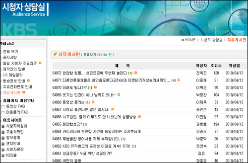 KBS 홈페이지 시청자 상담실 자유게시판에는 지난 11일 방송된 천안함 성금모금 방송에 대한 시청자들의 질타가 이어지고 있다. 