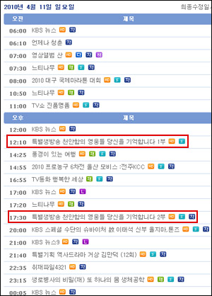 KBS1는 지난 11일 낮 12시 10분과 오후 5시 30분, 두 번에 걸쳐 천안함 성금모금 방송은 내보냈다. 