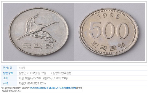 한국은행 사이트에 소개하고 있는 500원동전의 규격