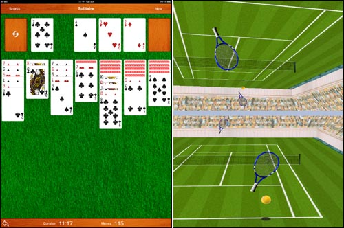 아이패드용 게임들. 왼쪽이 카드게임 ‘더 솔리테르’, 오른쪽이 테니스게임 ‘히트 테니스2’ 2인용 게임 장면.