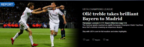  해트트릭 주인공 올리치(오른쪽)의 득점 뒤풀이 사진이 실린 유럽축구연맹 누리집(uefa.com) 첫 화면