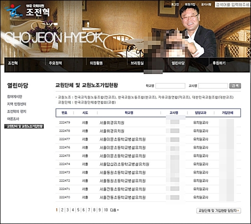 조전혁 의원이 자신의 사이트에 올려놓은 교원단체 소속 교사명단 21만명 분. 