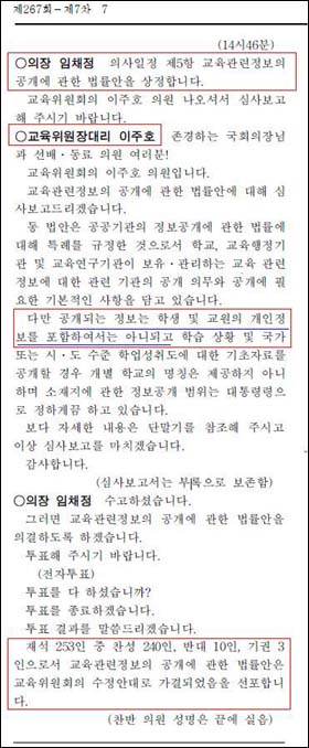 교육관련기관의정보공개에관한법률 국회 표결 본회의 회의록. 2007년 5월 27일 국회 본회의에서 이 법을 대표 발의한 이주호 의원은 '교원과 학생의 명단은 공개하지 않는다"는 점을 강조하면서 이 법을 통과시켜 줄 것을 요구했다. 