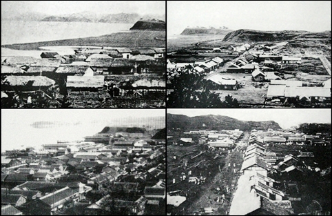 개항 이전 군산전경(상단 좌측), 축항공사가 시작된 개항 직후(상단 우측). 1900년대 초 거류민단 시절의 군산 (하단 우측), 1920년대 영화동 부근(하단 좌측). 
