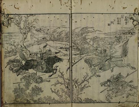 일본의 회본태합기繪本太閤記라는 책에 실려 있는 김여물 장군의 모습. 적토마를 타고 수염이 얼굴을 뒤덮은 왼쪽의 이가 김여물 장군이다. 왜군들의 뇌리에 깊은 인상을 심어줄 만큼 당시 김여물 장군은 결사항전을 펼쳤다.