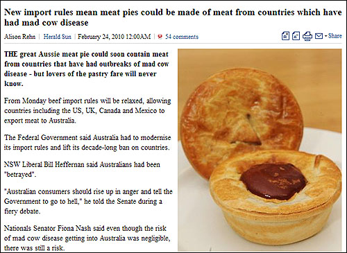 수입 쇠고기로 만든 파이에 광우병 위험이 있다고 보도한 호주 신문.