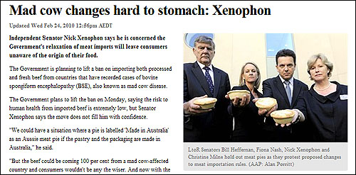 미국산 쇠고기 수입 반대 캠페인을 벌이는 상원의원들을 보도한 호주 국영방송 웹사이트.
