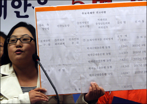충남도의회 비례 2번 신아롱 후보(26)가 자신의 통장거래내역을 들어보이며 "학자금 이자지원조례를 제정해 학비부담을 덜어 주겠다"고 말하고 있다. 